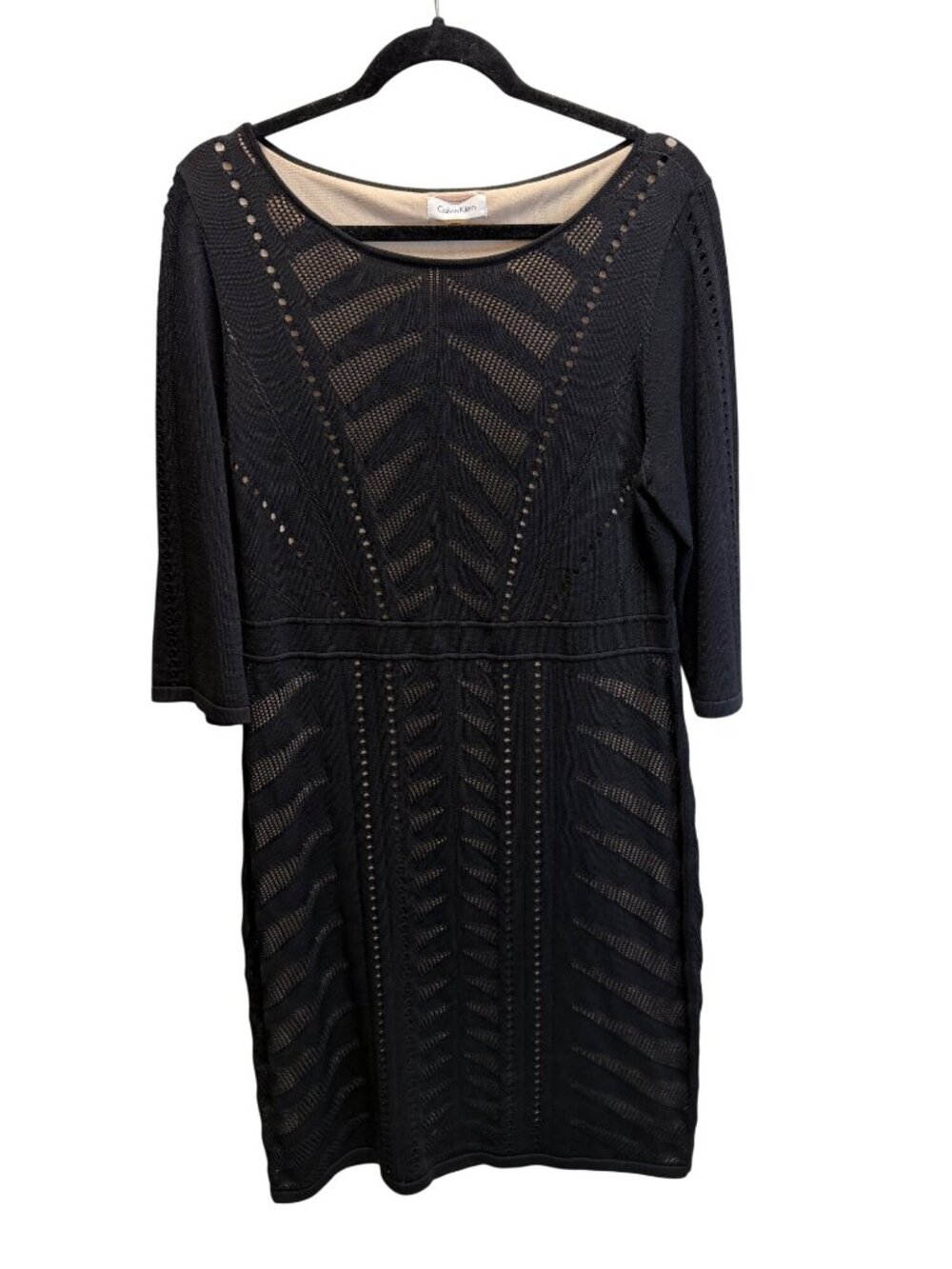 Calvin Klein Black Sheer Knit Dress With Nude Lining Size XL 3/4 Sleeves Elegant